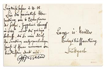 (AVIATORS.) ZEPPELIN, FERDINAND VON. Note Signed, G[raf]v[on]Zeppelin, to Stuttgart publishers Levy & Müller, in German, on a postcar